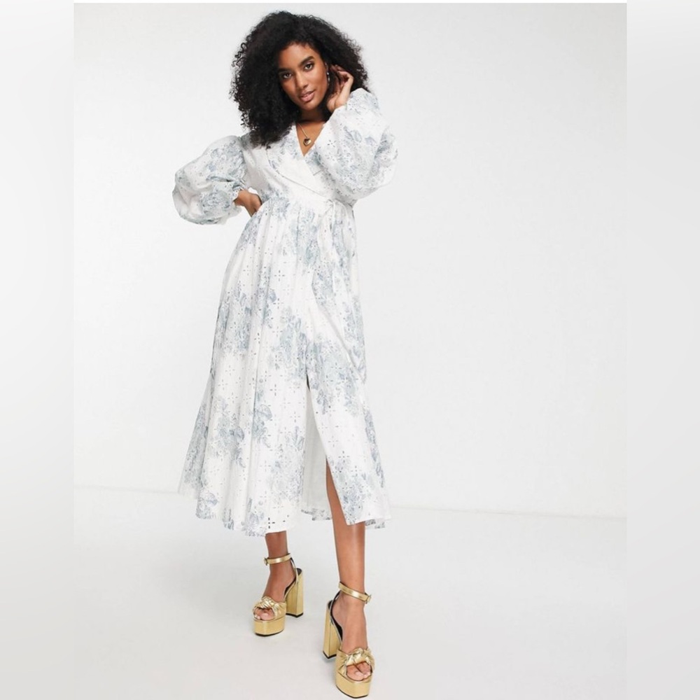 ASOS Curve White and Blue Maxi Dress with Pleated Wrap Design